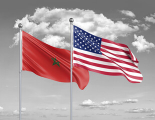 Two realistic flags. United States of America vs Morocco. Thick colored silky flags of America and Morocco. 3D illustration on sky background. - Illustration