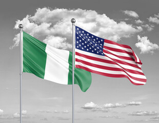 Two realistic flags. United States of America vs Nigeria. Thick colored silky flags of America and Nigeria. 3D illustration on sky background. - Illustration