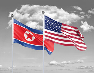 Two realistic flags. United States of America vs North Korea. Thick colored silky flags of America and North Korea. 3D illustration on sky background. - Illustration