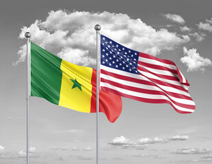 Two realistic flags. United States of America vs Senegal. Thick colored silky flags of America and Senegal. 3D illustration on sky background. - Illustration