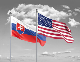 Two realistic flags. United States of America vs Slovakia. Thick colored silky flags of America and Slovakia. 3D illustration on sky background. - Illustration