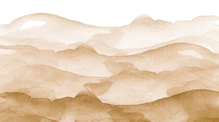 Watercolor mountains, hill. Watercolor yellow, brown hill, hillock, grass. Desert, sand. Summer, autumn landscape on white isolated background. 