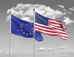 Two realistic flags. United States of America vs European Union. Thick colored silky flags of America and European Union. 3D illustration on sky background. - Illustration