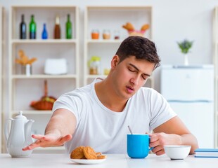 Man falling asleep during his breakfast after overtime work