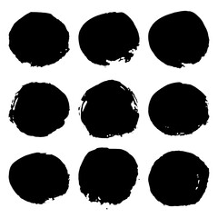 Collection of black grunge paint circles, stains. Brush strokes isolated on white background. Vector illustration.