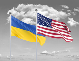 Two realistic flags. United States of America vs Ukraine. Thick colored silky flags of America and Ukraine. 3D illustration on sky background. - Illustration