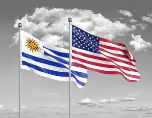 Two realistic flags. United States of America vs Uruguay. Thick colored silky flags of America and Uruguay. 3D illustration on sky background. - Illustration