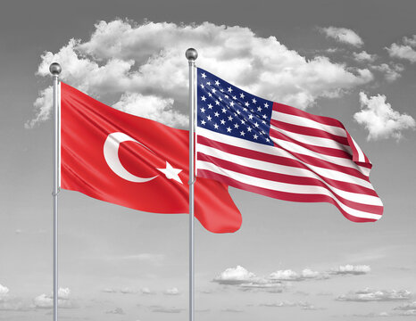 Two realistic flags. United States of America vs Turkey. Thick colored silky flags of America and Turkey. 3D illustration on sky background. - Illustration