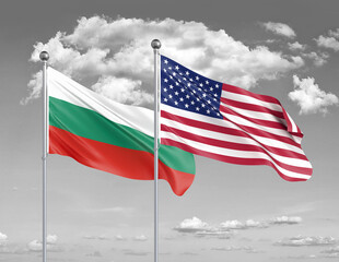Two realistic flags. United States of America vs Bulgaria. Thick colored silky flags of America and Bulgaria. 3D illustration on sky background. - Illustration