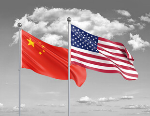 Two realistic flags. United States of America vs China. Thick colored silky flags of America and China. 3D illustration on sky background. - Illustration