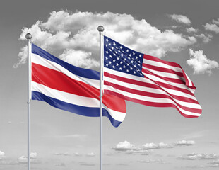 Two realistic flags. United States of America vs Costa Rica. Thick colored silky flags of America and Costa Rica. 3D illustration on sky background. - Illustration