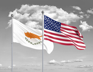 Two realistic flags. United States of America vs Cyprus. Thick colored silky flags of America and Cyprus. 3D illustration on sky background. - Illustration