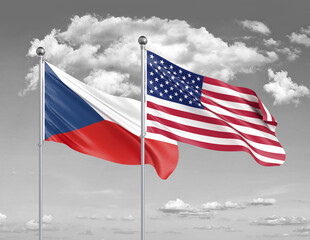 Two realistic flags. United States of America vs Czech Republic. Thick colored silky flags of America and Czech Republic. 3D illustration on sky background. - Illustration