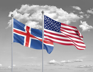 Two realistic flags. United States of America vs Iceland. Thick colored silky flags of America and Iceland. 3D illustration on sky background. - Illustration