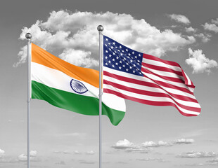 Two realistic flags. United States of America vs India. Thick colored silky flags of America and India. 3D illustration on sky background. - Illustration