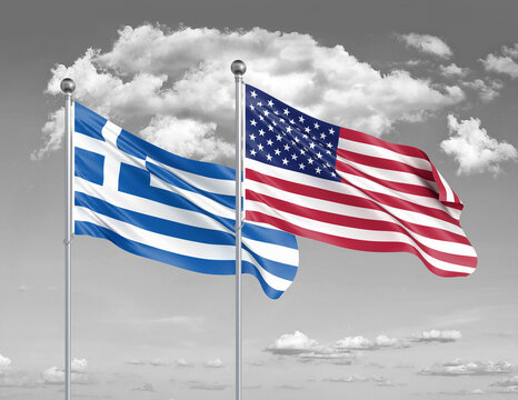 Two realistic flags. United States of America vs Greece. Thick colored silky flags of America and Greece. 3D illustration on sky background. - Illustration