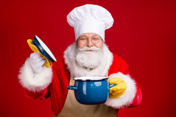 Close up photo of white grey hair bearded santa claus open pot cover saucepan smell x-mas dinner...