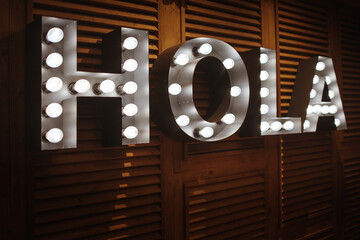 Hola Words Text Metal Signs As Wall Decor. Decorative Sign with light bulbs for Coffee Bar, Home Room or restaurant © Gerisima