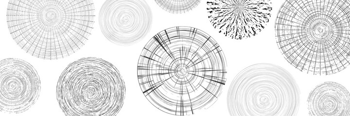 Abstract vector background, banner. Circles of different sizes and textures. Hand drawing, grayscale.