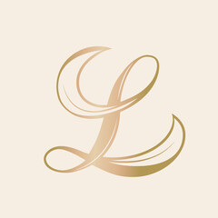 Letter L logo.Calligraphic golden icon isolated on light rose color background.Hand drawn typographic shape with uppercase lettering.Initial character with organic decorations.Ornate, luxury style.