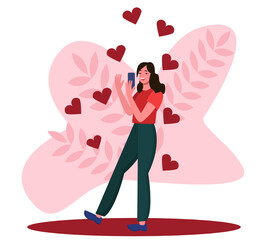 A girl in love communicates via video link via phone. Love at a distance