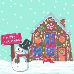 Snowman wishing you a Merry Christmas illustration, gingerbread house in the snow