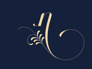 Letter n logo with decorative leaf and swirl elements.Ornamental calligraphy lettering sign.Alphabet initial icon isolated on dark background.Elegant,organic,luxury,beauty style character shape.