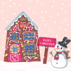 Christmas card with snowman, gingerbread house with merry christmas sign, marker drawing, pink snow sky
