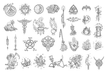 Witchcraft kit. Magic occult and alchemical symbols. Halloween mysticism set. Esoteric astrological. Hand drawn sketch vector illustration. - obrazy, fototapety, plakaty