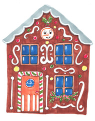 Christmas gingerbread cookie house with snowman and decorations
