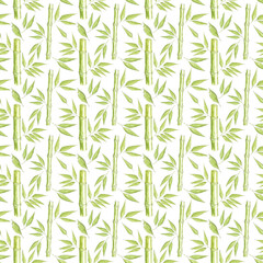 Seamless white and green pattern with hand painted watercolor bamboo branches and leaves sketches.