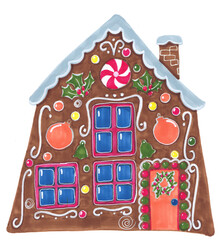 Gingerbread house with christmas holly and decorations illustration