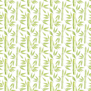 Seamless white and green pattern with hand painted watercolor bamboo branches and leaves sketches.