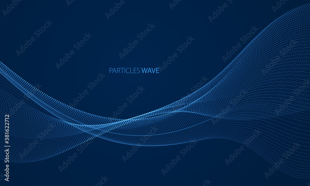 Wall mural wave of flowing particles over dark modern relaxing illustration. round shining dots vector abstract