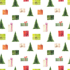 Naklejka premium Watercolor christmas seamless pattern with christmas tree end present boxes isolated on white background.
