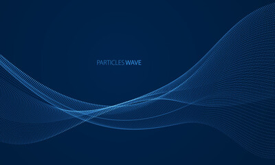 Wave of flowing particles over dark modern relaxing illustration. Round shining dots vector abstract background. Beautiful wave shaped array of blended points.