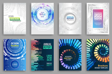 Set of Science and innovation hi-tech background. Flyer design of tech elements. Futuristic business cover layout. Technology modern brochure templates.
