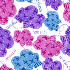Seamless repeat pattern with winter mittens, let it snow