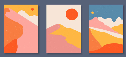Abstract coloful landscape poster collection. Set of contemporary art print templates. Nature backgrounds for your social media. Sun and moon, sea, mountains, ocean, river bundle.