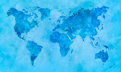 World map in blue watercolor painting abstract splatters on paper.
