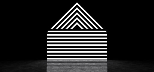 Glowing stripes form the symbol of the house. Glowing up arrow consisting of stripes. Glowing stripes in dark space. 3D Render