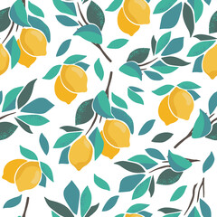 Abstract citrus seamless pattern with leaves and lemon fruits. Colorful summer background for fabric design print, textile, backdrops. Hand-drawn style vector illustration.
