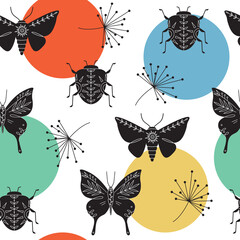 Abstract geometric seamless pattern with insects, bugs, butterflies, moths. Colorful background for fabric design print, textile, backdrops. Hand-drawn style vector illustration.