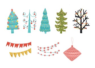 Set of Christmas decorations. Christmas decorative elements are isolated on a white background. Cute hand drawing of Christmas and New year.
