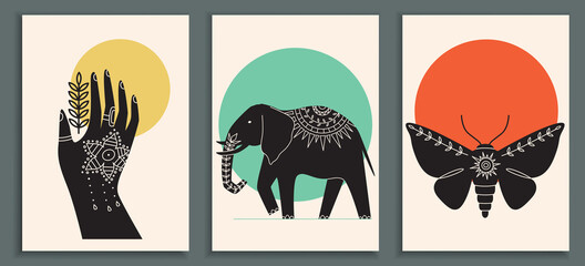 Abstract poster collection with Mehendi hand, animals and insects: elephant, moth. Set of contemporary Scandinavian art print templates. Ink animals with floral ornament and geometrical shapes on back