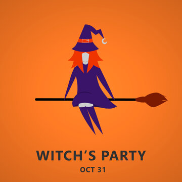 Halloween party invitation or greeting card with witch flying on broom. Flat design in vector illustration. Eps 10.