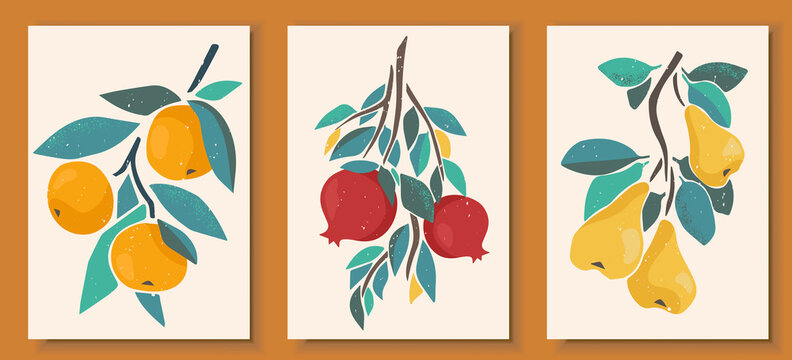 Abstract still life in pastel colors posters. Collection of contemporary art. Abstract elements, fruits for social media, postcards, print. Hand drawn pear, pomegranate, tangerine, orange branches.
