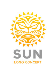 Sun face logo graphic design concept. Editable yellow and orange sun element in maori ethnic tribal style, can be used as logotype, icon, template in web and print.