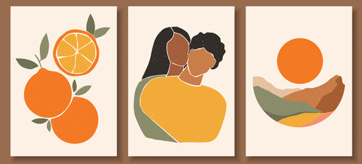 Set of abstract man and female shapes and silhouettes. Abstract couple portraits in pastel colors. Collection of contemporary art posters. Cherry and leaves, abstract landscape composition.