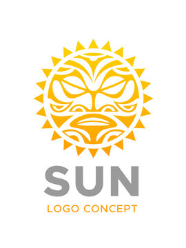 Sun face logo graphic design concept. Editable yellow and orange sun element in maori ethnic tribal style, can be used as logotype, icon, template in web and print.